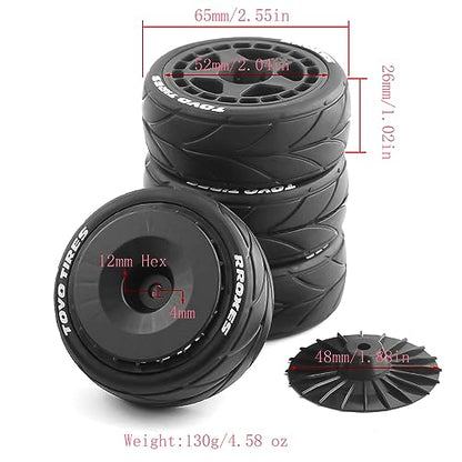 Lifehead 65mm On Road Rubber Tires& Wheels Rims 12mm Hex Hub for HPI Ken Block's Tamiya XV01 TT01 TT02B Kyosho FAZER MK2 Lc Racing PTG HSP RGT RC 3RACING D5 1/10 RC Rally Car - color: Black 1
