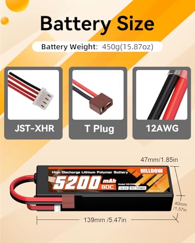 Hilldow 3S Lipo Battery 5200mAh 11.1V 80C RC Battery Hard Case with T Plug for RC Car Boat Truck Heli Airplane Drone(2 Packs)