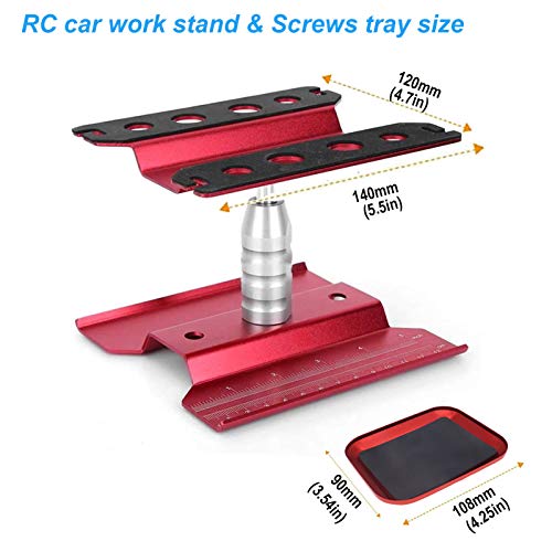 RC Car Work Stand Aluminum Alloy 360 Degree Rotation Lift Work Repair Workstation with Screw Tray for 18 110 112 116 Scale Cars Trucks Buggies Red