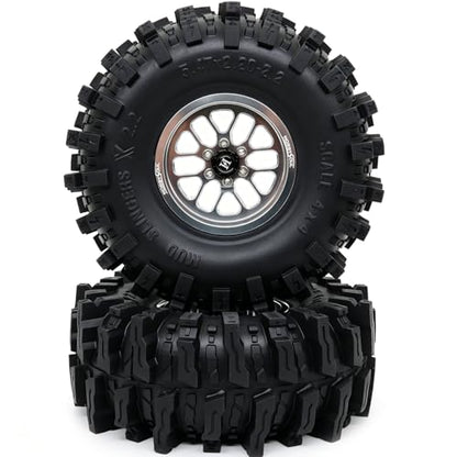 HOBBYSOUL 5.47'' Tall Mud Slingers X RC Crawler 2.2 Wheels Tires,4-Pack | -11mm negative offset silver beadlock wheel rims,T8 Compound Tire, For 1/10 RC Crawlers Truck Upgrades - color: Silver, size: 139mm / 5.47inch Tall