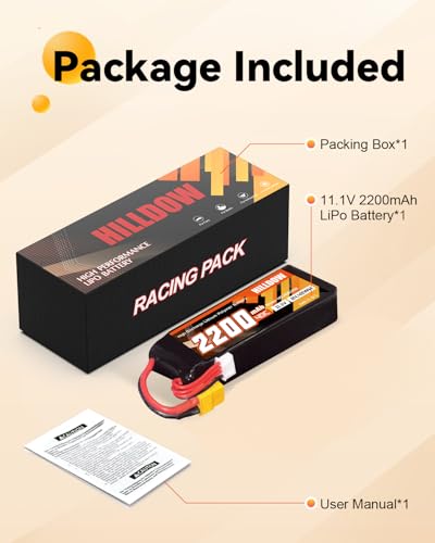 Hilldow 2200mAh Lipo Battery 3S 11.1V 40C RC Battery with XT60 Plug for RC Car Truck RC Vehicles Boat Drone RC Airplane Quadcopter Helicopter