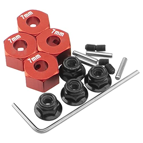 Metal 12mm Hex Wheel Hubs 7mm Thick Drive Adapters with Flanged Lock Nuts Compatible with Traxxas 1/10 4WD Rustler Slash Stampede RC Car，Replace Part 1654 (Red) - color: Red