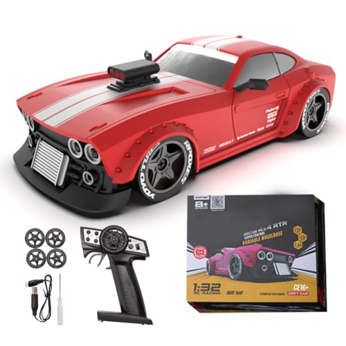 KM3299 RC Drift Car with Gyro Stabilization and LED Lights | 1:32 Scale High-Speed 4WD Mini Electric Remote Control Drift Vehicle, 30 km/h, RC Vehicle Gift for Adult - color: Red