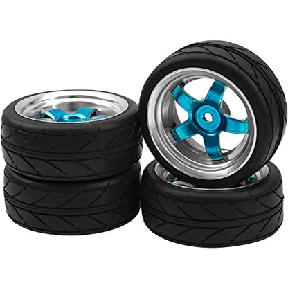 2.59in Rubber Tires & 12mm Hex Plastic Wheel Rims Set Compatible with Traxxas Kyosho HPI Tamiya Associated 1/10 RC On-Road Touring Car (Blue)