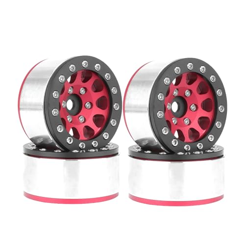 4PCS 1.55 Inch Aluminum Alloy Metal 10Holes Beadlock Wheel Rim Hubs Replacement Accessory for Tamiya AX90069 D90 TF2 CC01 CC02 1/10 RC Crawler Car Upgrade Parts (Black Red) - color: Black Red