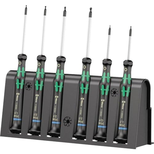 Wera 2052/6 Kraftform Micro Ballhead Hexagon Electronics Screwdriver Set and Rack, 6-Piece - size: Ball-End: 1.5x60mm, 2x60mm, 2.5x60mm, 3x60mm, 0.9x40mm, 1.3x90mm