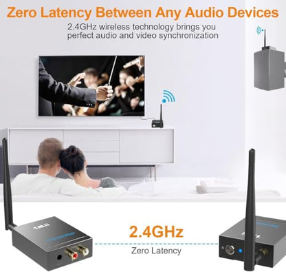 1Mii 2.4Ghz Wireless Audio Transmitter Receiver Set (1 TX + 1 RX) for TV | 320FT Long Range 20ms Low Delay HiFi Audio w/RCA(3.5mm AUX) Out/In, Wireless Adapter Kit for Powered Speaker/Stereo/Soundbar - size: 2 in 1