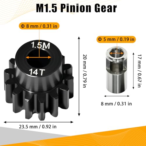 M1.5 14T Pinion Gear 8mm Bore with 8mm to 5mm Shaft Adapter Sleeve, Chromium Steel Motor Gear with Set Screw & Hex Key for Traxxas ARRMA Losi 1/5 1/8 RC Cars - size: 14T