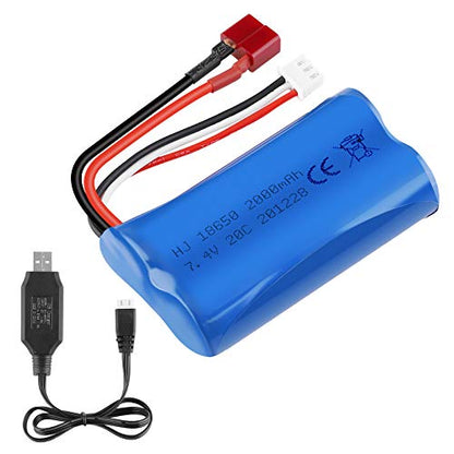 2S Li-ion Battery 7.4V 2000mAh 20C T Plug Female Connector Rechargeable Battery with USB Battery Charger for RC Car Off Road Truck Jumper T16 Transmitter etc