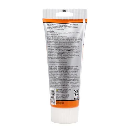 Gorilla Max Strength Construction Adhesive, Clear, 7 oz Tube, 1-Pack | Waterproof Gap-Filling Formula, Bonds Wood, Metal, Tile, Stone, Glass, Mirror, Indoor & Outdoor Use, Paintable & Sandable - size: 7oz, style: 1 Pack