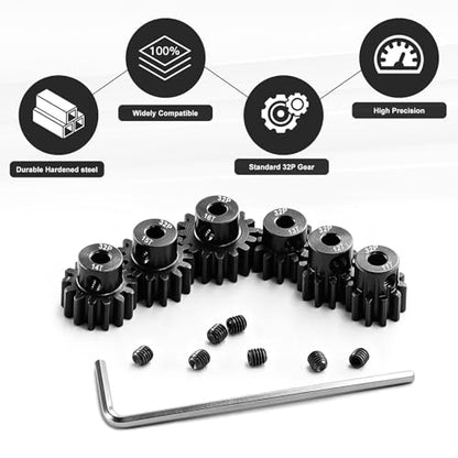 6-Pack 32P Pinion Gears 11T 12T 13T 14T 15T 16T, Hardened Steel, 3.175mm Bore, for 1/10 Traxxas Arrma Axial HSP HPI Tamiya Losi RC Car