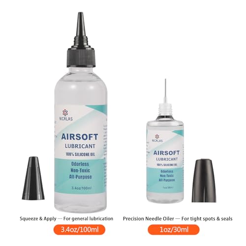 Nicalas 100% Silicone Airsoft Oil Lubricant 4.4 oz Combo Pack (3.4 oz Bottle + 1 oz Needle Oiler) Chamber Lube for Air Guns, Air Rifles & Pistols for O-Rings, Gears, Valves & More