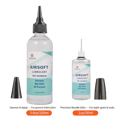 Nicalas 100% Silicone Airsoft Oil Lubricant 4.4 oz Combo Pack (3.4 oz Bottle + 1 oz Needle Oiler) Chamber Lube for Air Guns, Air Rifles & Pistols for O-Rings, Gears, Valves & More