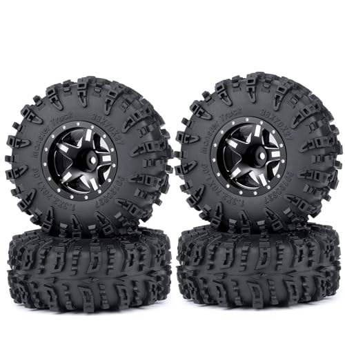 4PCS 1.3" Beadlock Wheel Tires Set Aluminum 1.3inch 5-Spoke Beadlock Wheel Hub Wheel Rim 7mm Hex ＆ 70mm/2.76inch Rubber Crawler Tires for 1/18 1/24 RC Crawler Car SCX24 TRX4M (Black) - color: Black