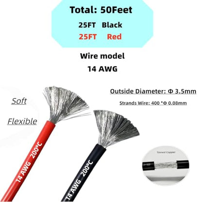 14 AWG Gauge Silicone Wire Electrical Cable（25ft red &25ft Black）Soft & Flexible 0.08 mm Tinned Copper core High Temperature Resistant Silicone Wire for Arduino Projects, RC Cars, Boat, Drones - size: 25ft Red+25ft Black ﻿, style: 14 AWG