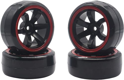 4PCS 1/10 RC Drift Car Tires Smooth Hard Tyre Plastic Wheel Rims Set Replacement for HSP Tamiya HPI Kyosho On-Road Drifting Car(Black/Red) - color: Black/Red