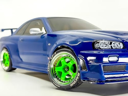 2PCS 1/10 RC Drift Element Rims Wheels, 5-Spoke, Adjustable Offset, Compatible with Yokomo YD MD RD, MST RMX, Reve D RDX, Redcat RDS, HPI, Tamiya TT, & More (Flu Green w/Chrome Lip)