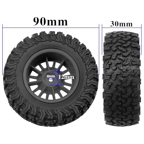 4Pcs HIRCQOO 1.9" RC Crawler Tires OD 90mm Rubber Tire and Plastic Wheel Rims 12mm Hex Compatible with 1/10 Axial SCX10 D90 Tamiya CC01 TF2 TRX4 RC Crawler (Black) - color: Black