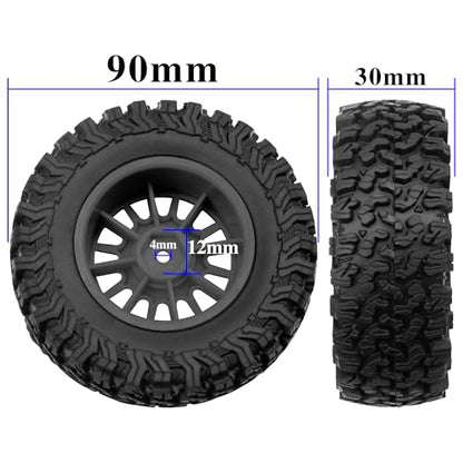 4Pcs HIRCQOO 1.9" RC Crawler Tires OD 90mm Rubber Tire and Plastic Wheel Rims 12mm Hex Compatible with 1/10 Axial SCX10 D90 Tamiya CC01 TF2 TRX4 RC Crawler (Black) - color: Black