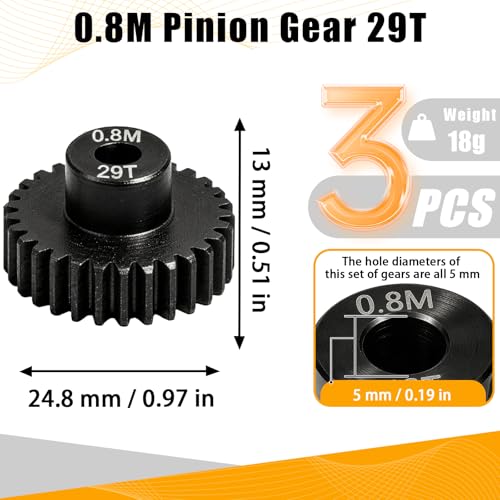 3-Pack Steel Metal 0.8M 5mm Pinion Motor Gear Sets 29T Compatible with HPI Kyosho Losi Axial Tamiya 1/8 1/10 RC Car Monster Truck Buggy, 0.8 Module Gear for Traxxsa Arrma - style: 3Pcs 29T
