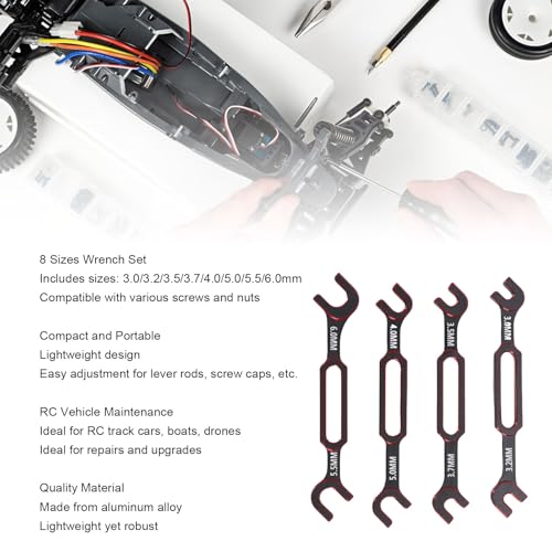 Tyenaza 4Pcs RC Wrench, 3.0 3.2 3.5 3.7 4.0 5.0 5.5 6.0mm Turnbuckle Nut Ball Joint Remover RC Universal Repair Tool for RC Crawler Car Boat (Red) - color: Red
