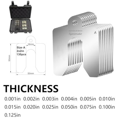 130-Piece Size A 2 x 2 in 304 Stainless Steel Slotted Shim Kit, 13 Gauges | Metal Shims for Leveling, Alignment and Gap Filling, with Laser-Engraved Thickness Marks and Storage Box - size: Size A 2" x 2"