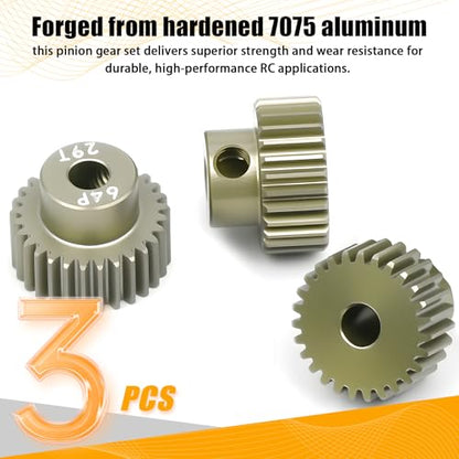64P Pinion Gear 3.175mm Shaft 7075 Aluminum Alloy Motor Gears,0.6 Metric Pitch 27 28 29T with 1/8 Hole Pinion Gear Compatible with 1/10 Arrma HPI Kyosho Losi Axial Traxxas Tamiya RC Car - size: 27 28 29T