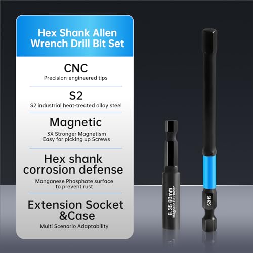 Allen Wrench Drill Bit Set-20PCS 4" Metric & SAE, S2 Steel Impact Bits | Allen Hex Bit Set, 1/4" Hex Shank, CNC Machined Tips, Storage Case, for Impact & Home Auto