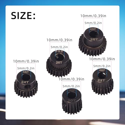 Flylin 5-Piece 48DP Pinion Gear Set, RC Motor Gears for Climbing Cars | 20T, 22T, 24T, 26T, 28T, Hardened Steel with 5mm Hole, Suitable for 1/10 RC Brushless Motors