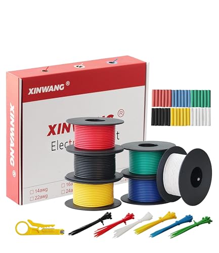 XINWANG 28AWG Silicone Wire, 6 Colors, 65.62FT Each | 28AWG stranded tinned copper wire, silicone insulation (OD:1.3mm); 6-color kit, 65.6FT ea.; electronics, LED, breadboard - size: 28AWG (0.08 mm² / 20 M) - Silicone