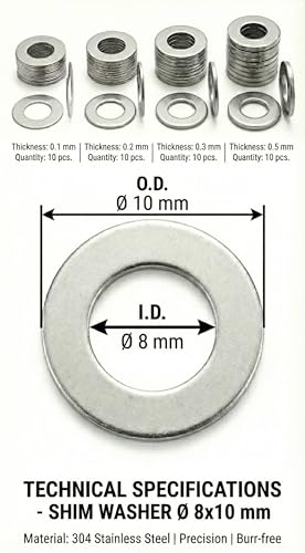 Shim Washers Stainless Steel 8x10 Precision Spacer Kit for Bearings Gearboxes CNC and RC Tuning Assortment 40 Pieces 10 Units x 0.1/0.2/0.3/0.5 mm Deburred Flat Tight Tolerance Professional Use - size: 8x10
