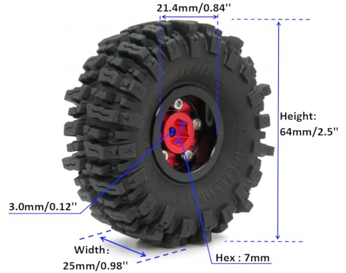 RC 64mm Tall 1.0 Mud Slingers Tires & 1.0 Wheels, Soft Sticky 1.0 Mud Terrain Tires & Heavy 1.0 Beadlock Wheels Rims for RC Crawler 1/24 SCX24 FCX24 1/18 TRX4M (Red) - color: Red