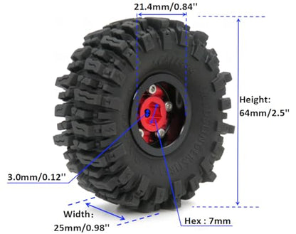 RC 64mm Tall 1.0 Mud Slingers Tires & 1.0 Wheels, Soft Sticky 1.0 Mud Terrain Tires & Heavy 1.0 Beadlock Wheels Rims for RC Crawler 1/24 SCX24 FCX24 1/18 TRX4M (Red) - color: Red