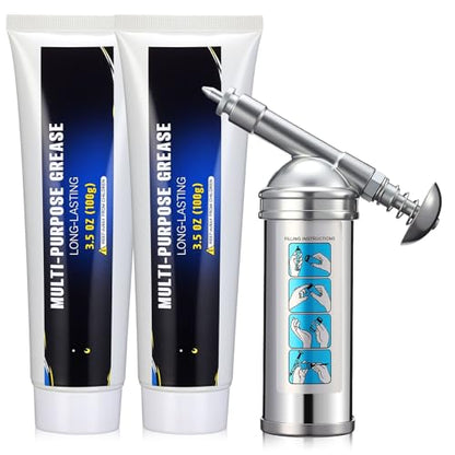 Mini Grease Gun Kit with 2 Tubes, 3 oz Steel Small Grease Gun for Bicycle Bike Chains Bearings Pedals, Lawn Mower, Air Tools and Garden Equipment