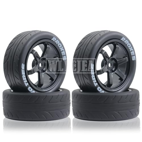 1/10 RC On-Road Tires 4PCS 5 Spoke 12mm Hex RC Wheels and Tires Compatible for 1/10 On-Road Touring Car Traxxas Tamiya tt01 tt02 HSP HPI Kyosho - color: Black
