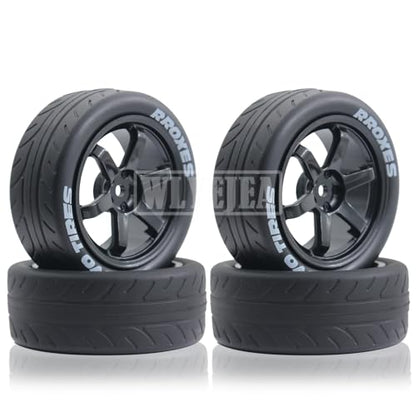 1/10 RC On-Road Tires 4PCS 5 Spoke 12mm Hex RC Wheels and Tires Compatible for 1/10 On-Road Touring Car Traxxas Tamiya tt01 tt02 HSP HPI Kyosho - color: Black