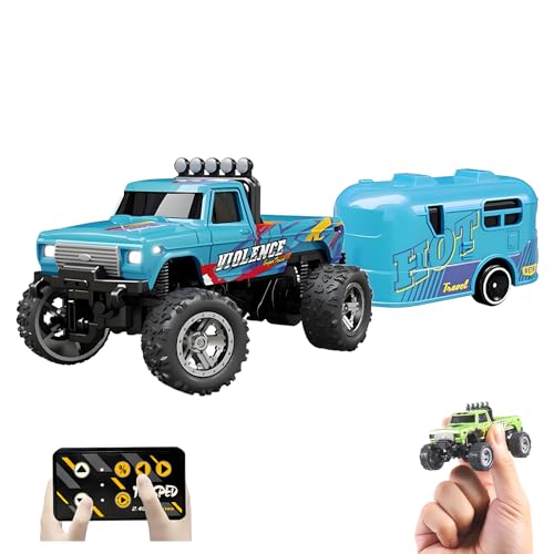 1:64 Mini RC Monster Truck with LED Lights | 2.4GHz Off-Road Remote Control Car | 3 Speed Adjustable, USB Rechargeable Alloy RC Truck for Kids & Adults Indoor/Outdoor Racing (Blue) - color: Blue