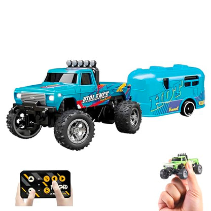 1:64 Mini RC Monster Truck with LED Lights | 2.4GHz Off-Road Remote Control Car | 3 Speed Adjustable, USB Rechargeable Alloy RC Truck for Kids & Adults Indoor/Outdoor Racing (Blue) - color: Blue