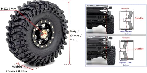 64mm Tall Soft Sticky 1.0 Tires Tyres and Brass 1.0 beadlock Wheels Rims, Adjustable Negative Offset 1.0 Wheels Tires for RC Mud Crawler 1/24 SCX24 1/18 TRX4M - color: Black