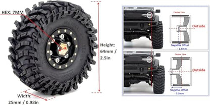 64mm Tall Soft Sticky 1.0 Tires Tyres and Brass 1.0 beadlock Wheels Rims, Adjustable Negative Offset 1.0 Wheels Tires for RC Mud Crawler 1/24 SCX24 1/18 TRX4M - color: Black
