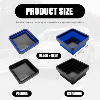 2PCS Collapsible Magnetic Parts Tray, 4.5" Square Silicone Tool Tray with Double-Sided Magnetic Base, Foldable Bowls Small Metal Parts Holder for Screws Bolts Nuts Washers (Black+Blue) - color: Black+Blue, size: 2PCS