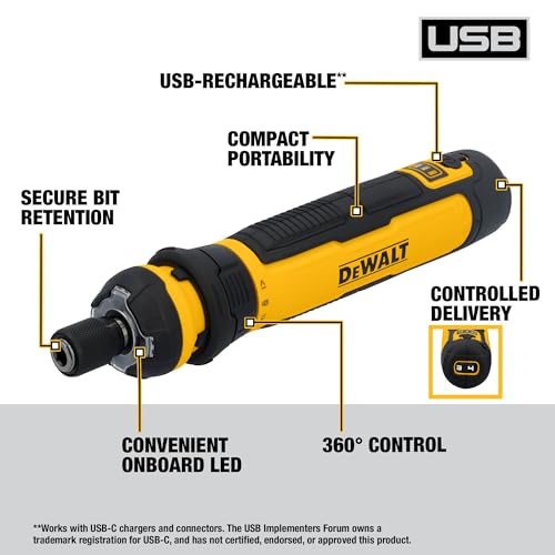DEWALT Cordless Screwdriver, 4V USB Rechargeable Electric Screwdriver with 12 pcs Screwdriver Bit Set, LED Light, FLEXDRIVE Control, Compact, Ergonomic (DWHT66719)