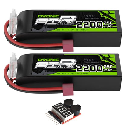 OVONIC 3S Lipo Battery 25C 2200mAh 11.1V Lipo Battery with Dean-Style T Connector for RC Airplane Helicopter Quadcopter RC Car Truck Boat(2 Packs)(with Lipo Voltage Checker)