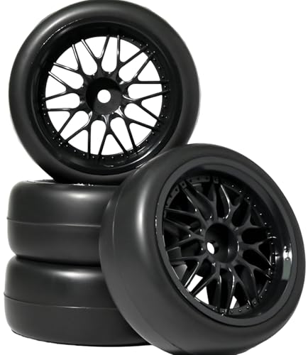 OD 2.55" On Road Rubber Tires Nylon Wheels- 12mm Hex for 1/10 RC Racing Car | Compatible with MJX HSP Tamiya HPI Kyosho Traxxas Sakura Redcat WLtoys 1/10 RC On-Road Racing Touring Car (4pcs, Black) - style: A-Black