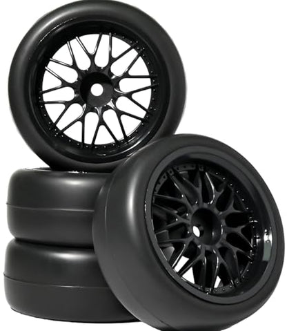 OD 2.55" On Road Rubber Tires Nylon Wheels- 12mm Hex for 1/10 RC Racing Car | Compatible with MJX HSP Tamiya HPI Kyosho Traxxas Sakura Redcat WLtoys 1/10 RC On-Road Racing Touring Car (4pcs, Black) - style: A-Black