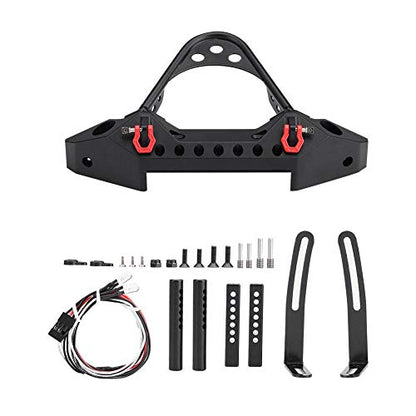 RC Front Bumper, Metal Rc Crawler Bumper with 2 LED Lights for SCX10 90046 / -4, 1/10 Scale Axial RC Crawler Car Retrofit and Upgrade Accessories