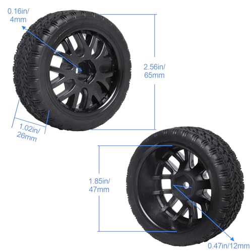Hobbypark (4-Pack) OD 2.56''(65mm) Rubber Tires & Wheels 12mm Hex Drive Hub for 1/10th Scale RC Touring Car