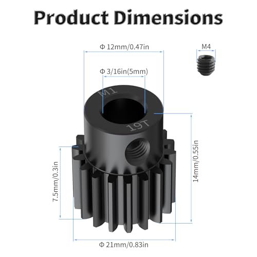Pinion Motor Gear, M1 19T, 3/16 in (5mm) Shaft Hole | M1 Pitch 19 Teeth, 1045 Hardened Carbon Steel, 3/16 Inch Shaft Hole, RC Motor Pinion Upgrade, for 1/10 RC Brushless Crawler - size: M1 19T