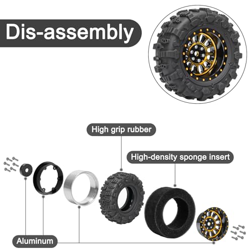 LRFHL 1.3" Beadlock Wheel Tires Aluminum for SCX24 TRX4M, 4PCS, Gold | Upgraded 1.45-inch Wheel, 1/24 SCX24 1/18 TRX4M RC Crawler Car Upgrade - color: Black Tires+ Gold Wheels-2