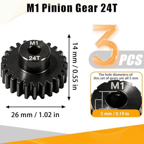 M1 Gear 24T 5mm Bore 3-Pack – High-Precision Hardened Steel Motor Pinion Gear for 1/8 1/10 RC Crawler, Monster Truck, Short Course Truck & Boat (Compatible with Traxxas Axial, FMS, HSP Redcat Losi) - style: M1 3Pcs 24T